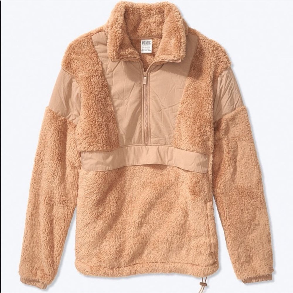 VICTORIA’S‎ SECRET PINK FLEECE TEDDY HALF ZIP OVERSIZED PULLOVER SWEATER NWT TAN - Picture 2 of 13